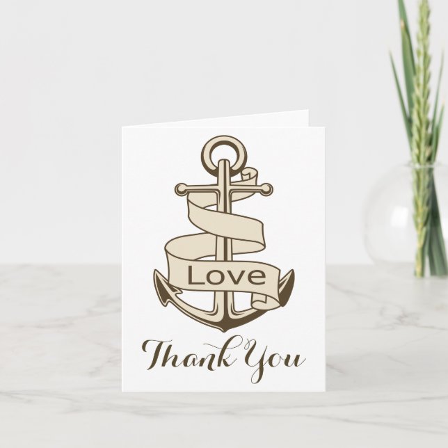 Tarjeta De Agradecimiento Marrón Náutico Gracias A Buque Anchor Amor (Anverso)