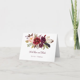Tarjeta De Agradecimiento Marsala, Borgoña, Rosas Rojas, Blancas Boho Gracia