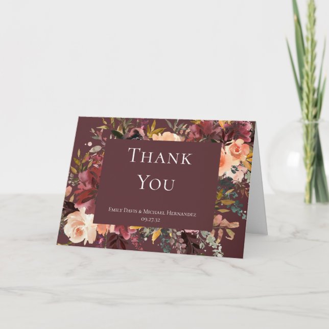 Tarjeta De Agradecimiento Marsala Burgundy Peach Watercolor Floral (Anverso)