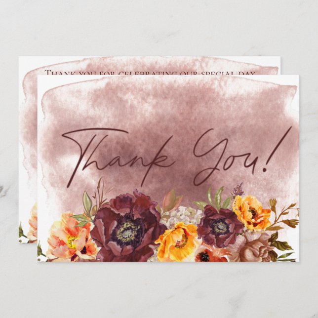 Tarjeta De Agradecimiento Marsala Clay & Yellow Bouquet Flat Boda (Anverso / Reverso)