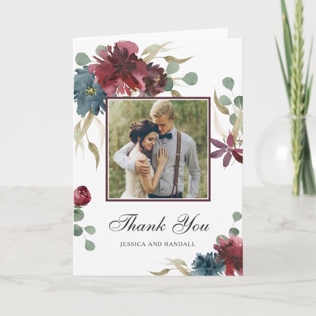Tarjeta De Agradecimiento Marsala y Marina acuarela Floral Photo (Anverso)