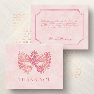 Tarjeta De Agradecimiento Máscara de disfraz rosa elegante Quinceañera