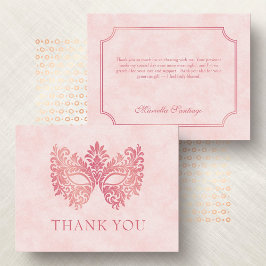 Tarjeta De Agradecimiento Máscara De Mascarada Rosa Elegante Quinceanera