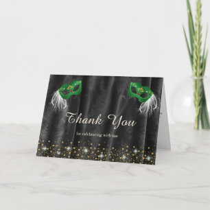 Tarjeta De Agradecimiento Mascarada de Verde Esmeralda en Negro Damask Foto