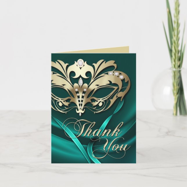 Tarjeta de agradecimiento Mascarada Dorada Turques (Anverso)