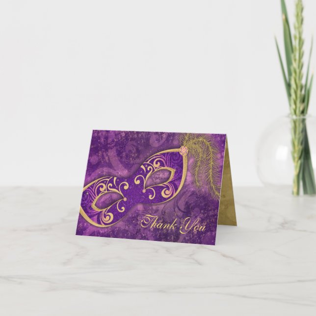 Tarjeta De Agradecimiento Mascarada Máscara de Bolas Boda Gracias Morado (Anverso)