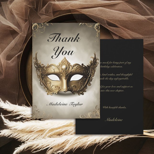 Tarjeta De Agradecimiento Mascarada Moda de Máscara de Venecia antigua 50 cu (masquerade birthday party thank you card venetian mask carnival antique elegant classy)