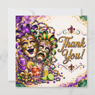 Tarjeta De Agradecimiento Máscaras de Mardi Gras Fiesta de Purpura Verde y D