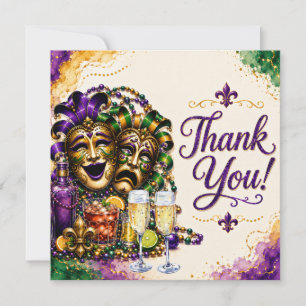 Tarjeta De Agradecimiento Máscaras de Mardi Gras Fiesta de Purpura Verde y D