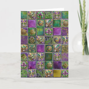 Tarjeta De Agradecimiento Máscaras de Mardi Gras Plumas Fleur de lis Estampa