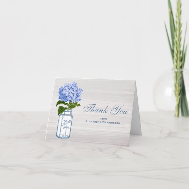 Tarjeta De Agradecimiento Mason Jar Blue Hydrangea Grey Gracias (Anverso)