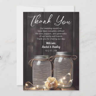 Tarjeta De Agradecimiento Mason Jar Light Floral, Boda de Madera Rústica