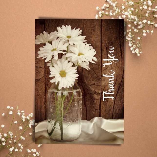 Tarjeta De Agradecimiento Mason Jar White Daisies Barn Boda Gracias (Subido por el creador)