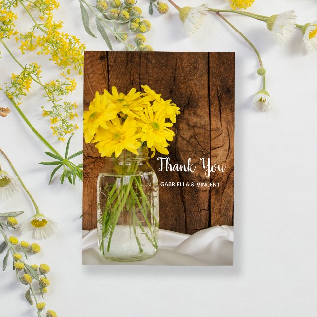 Tarjeta De Agradecimiento Mason Jar Yellow Daisies Barn Boda Gracias (Subido por el creador)