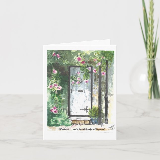 Tarjeta De Agradecimiento Mateo 7:8 Notecard..."Para el que golpea... (Anverso)