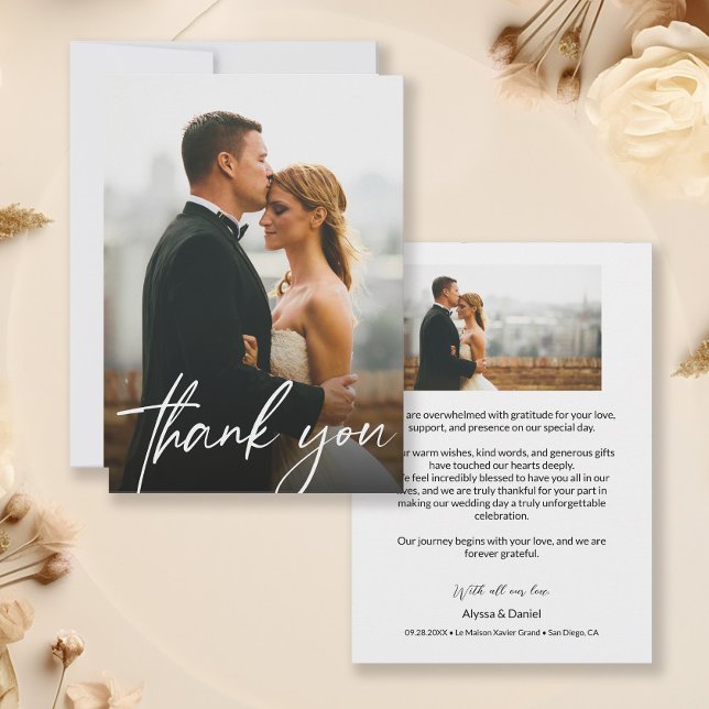 Tarjeta De Agradecimiento Matrimonio personalizado moderno simple 2 fotos (5 x 7 Modern thank you wedding photo cards)