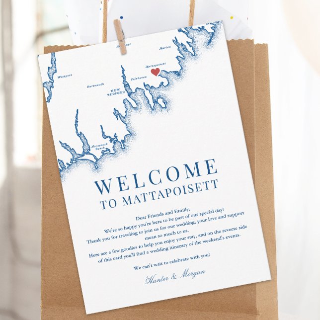 Tarjeta De Agradecimiento Mattapoisett MA Wedding Welcome Letter Navy Blue (Mattapoisett Wedding Welcome Letter, Weekend Events Itinerary elegant Navy Blue, Coastal Map Designs)
