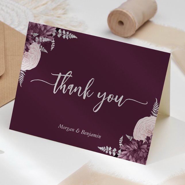Tarjeta De Agradecimiento Mauve Silver Floral Script Wedding (Subido por el creador)