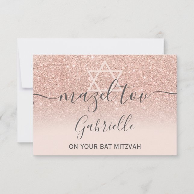 Tarjeta De Agradecimiento Mazel Tov rosa dorado brillo rosa Bat Mitzvah (Anverso)