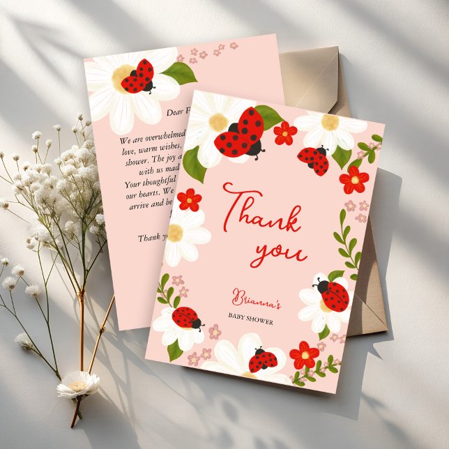 Tarjeta De Agradecimiento Me encanta los maricones lindo ladybug bebé ducha (Love bug daisies cute ladybug baby shower thank you cards whimsical summer garden baby shower)