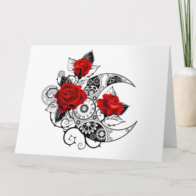 Tarjeta De Agradecimiento Media luna mecánica con rosas rojas (Anverso)