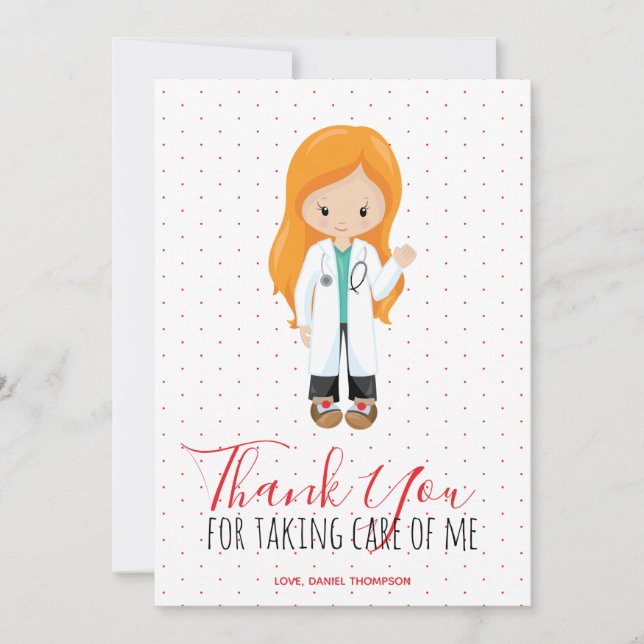 Tarjeta De Agradecimiento Medic Ginger médica hembra guión rojo polka punto (Anverso)