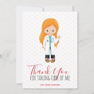 Tarjeta De Agradecimiento Médica Ginger doctora roja Escritura Lunares
