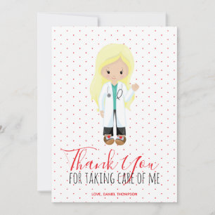 Tarjeta De Agradecimiento Médica Rubia Doctor Rojo Tipografía Lunares
