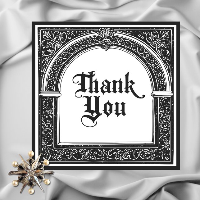 Tarjeta De Agradecimiento Medieval gótico blanco negro hasta la muerte (Gothic Black White Medieval Until Death Wedding Thank You Card)