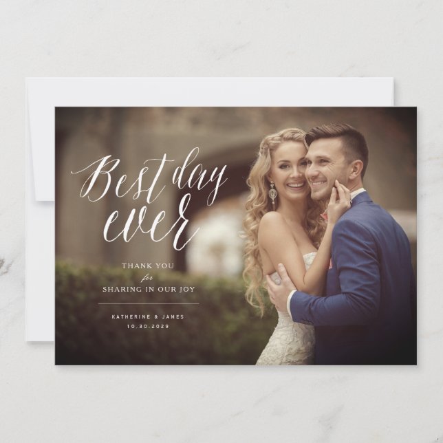 Tarjeta De Agradecimiento Mejor Día de Guión Elegante Foto Boda moderno (Anverso)