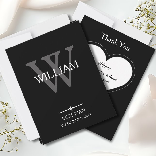 Tarjeta De Agradecimiento Mejor Monograma de Hombre + Nombre Archivo de Coma (Best Man Monogram + Name Classic Script Cool Thank You Card.)