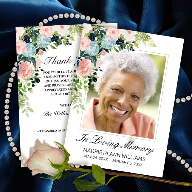 Tarjeta De Agradecimiento Memoiral elegante foto floral rosa rosa azul (In Loving Memory Watercolor Floral Photo Thank You card)