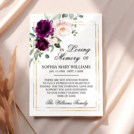 Tarjeta De Agradecimiento Memoria de simpatía de rosa rosada púrpura y Rubor