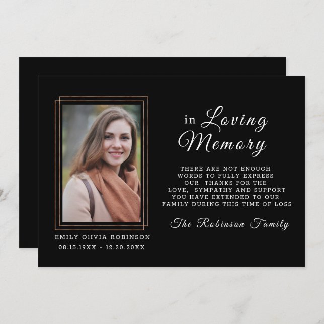 Tarjeta De Agradecimiento  Memoria de simpatía Oro Negro GRACIAS Foto (Anverso / Reverso)