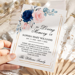 Tarjeta De Agradecimiento Memoria simpática azul marino y rosa rosa rosa ros