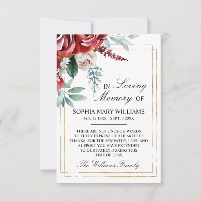 Tarjeta De Agradecimiento Memoria simpática de rosas rojas y hojas verdes (Anverso)
