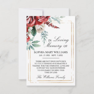 Tarjeta De Agradecimiento Memoria simpática de rosas rojas y hojas verdes