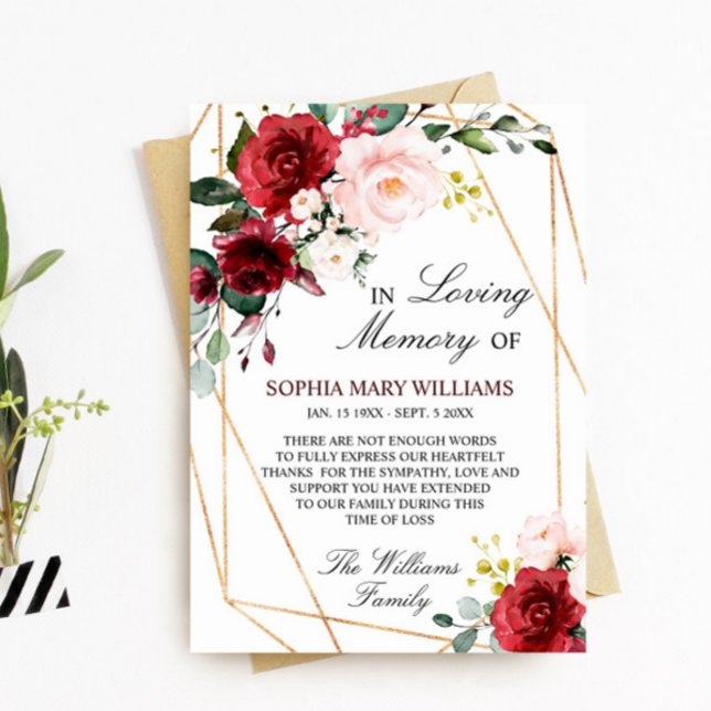 Tarjeta De Agradecimiento Memoria simpática rosa y borgoñona de Rubor (Subido por el creador)