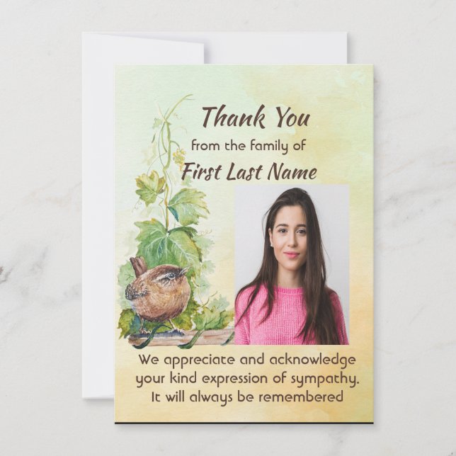 Tarjeta De Agradecimiento Memorial Custom Cute Wren Bird Thank you (Anverso)