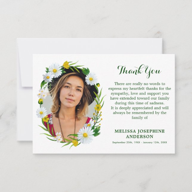 Tarjeta De Agradecimiento Memorial Daisy Floral Photo Sympathy Funeral (Anverso)