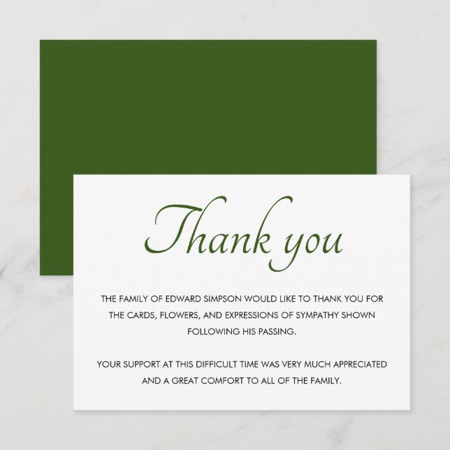 Tarjeta De Agradecimiento Memorial del funeral del Clásico Blanco Verde (Anverso / Reverso)