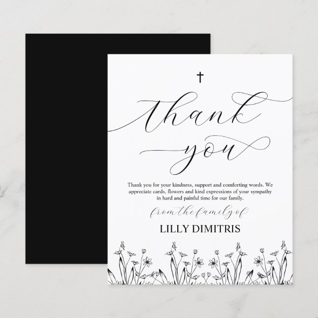 Tarjeta de agradecimiento memorial floral negra ec (Anverso / Reverso)