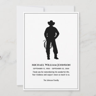 Tarjeta De Agradecimiento Memorial Funeral Black And White Cowboy Lasso