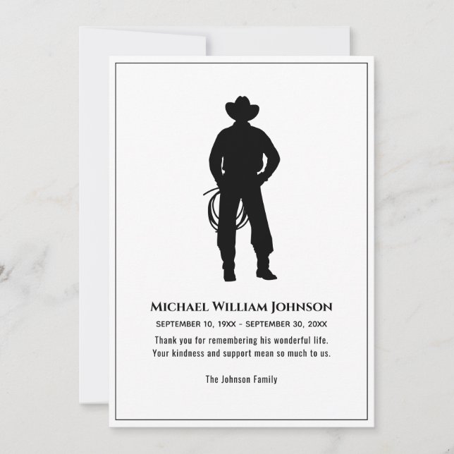 Tarjeta De Agradecimiento Memorial Funeral Black And White Cowboy Lasso (Anverso)