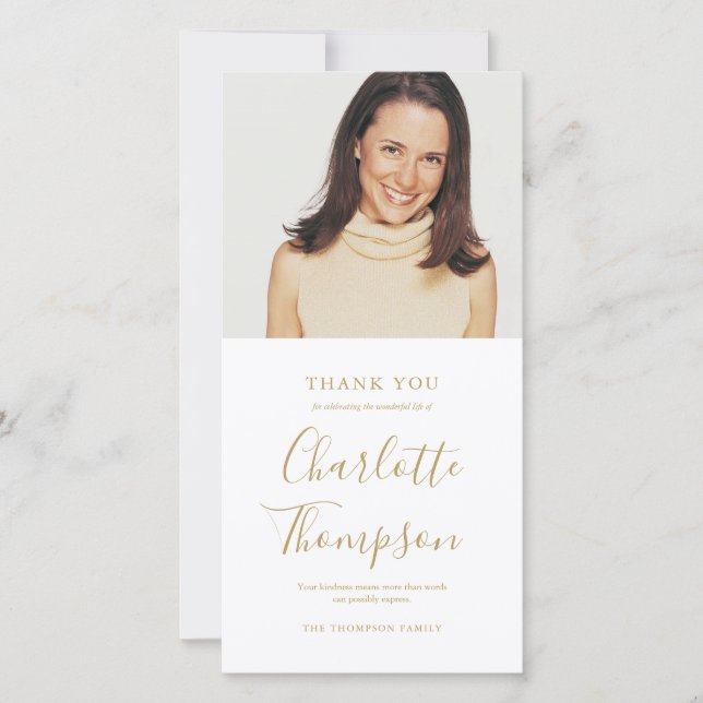 Tarjeta De Agradecimiento Memorial Funeral Elegante con guión de oro (Anverso)