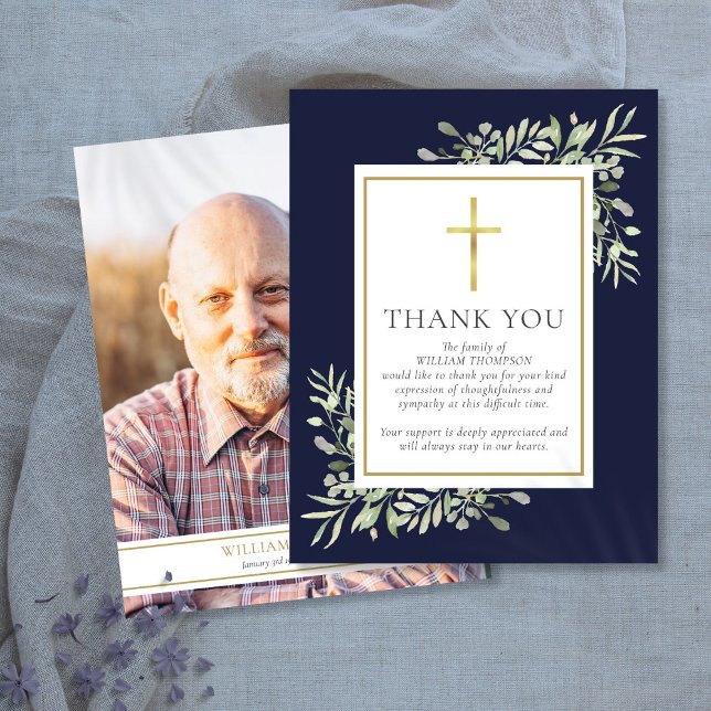 Tarjeta De Agradecimiento Memorial funeral Greenery Foto Cristiana (Funeral Memorial Greenery Christian Photo Thank You Card)