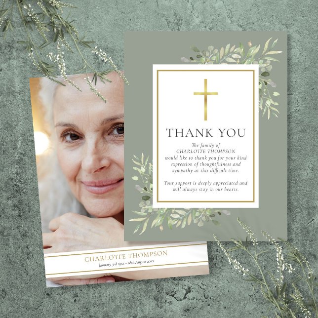 Tarjeta De Agradecimiento Memorial funeral Greenery Foto Cristiana (Funeral Memorial Greenery Christian Photo Thank You Card)