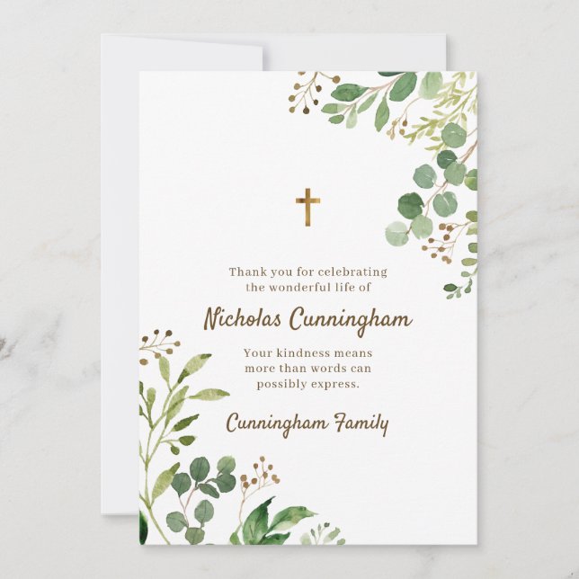Tarjeta De Agradecimiento Memorial Funeral Moderno Cross Foliage Botanicals (Anverso)
