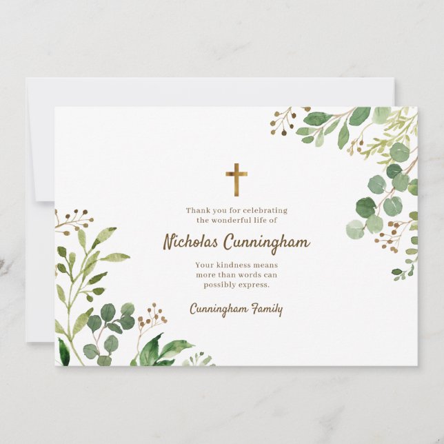 Tarjeta De Agradecimiento Memorial Funeral Moderno Cross Foliage Botanicals (Anverso)