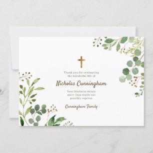 Tarjeta De Agradecimiento Memorial Funeral Moderno Cross Foliage Botanicals